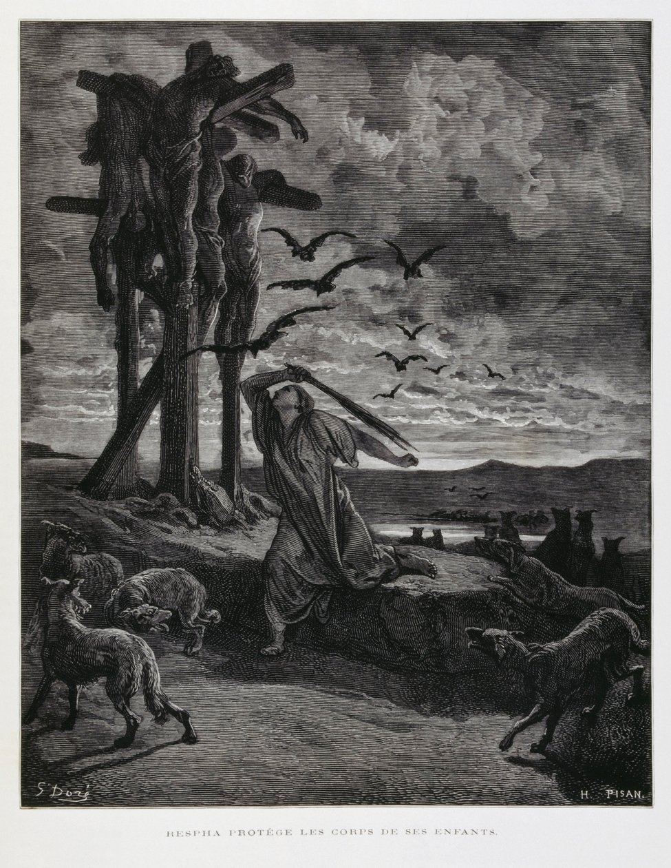 Rizpa verhindert, dass wilde Tiere die Leichen ihrer toten Söhne schänden, Illustration aus der Dore-Bibel von Gustave Dore