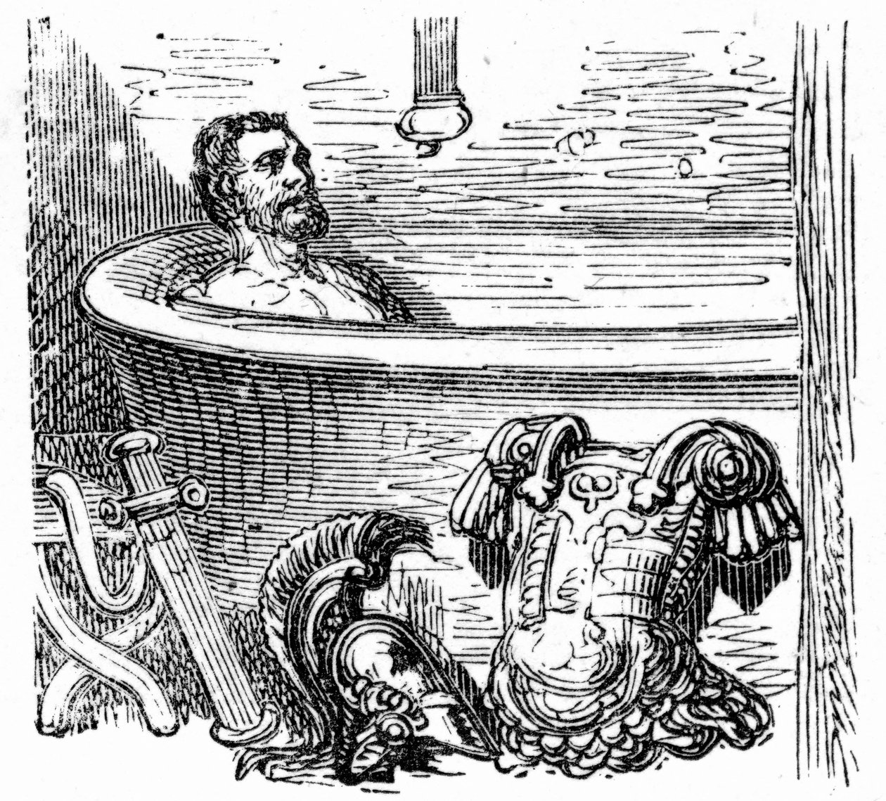 Römischer Soldat badet in den Thermalbädern von Bagnères-de-Bigorre: Gravur von Gustave Doré, die das Buch „Voyage aux Pyrénées“ von Hippolyte Taine, Hachette 1860, illustriert. von Gustave Dore