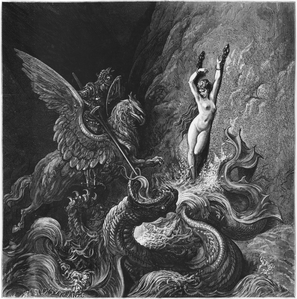 Ruggiero rettet Angelica, Illustration aus Canto X von 