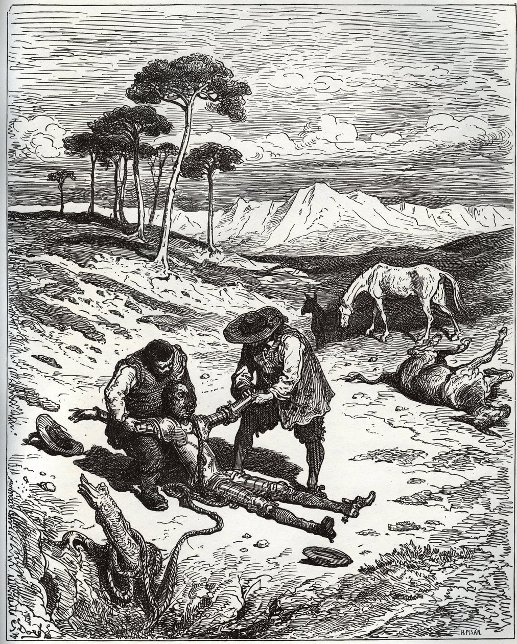 Sancho und der Cousin ziehen Don Quijote (schlafend) aus Montesinos