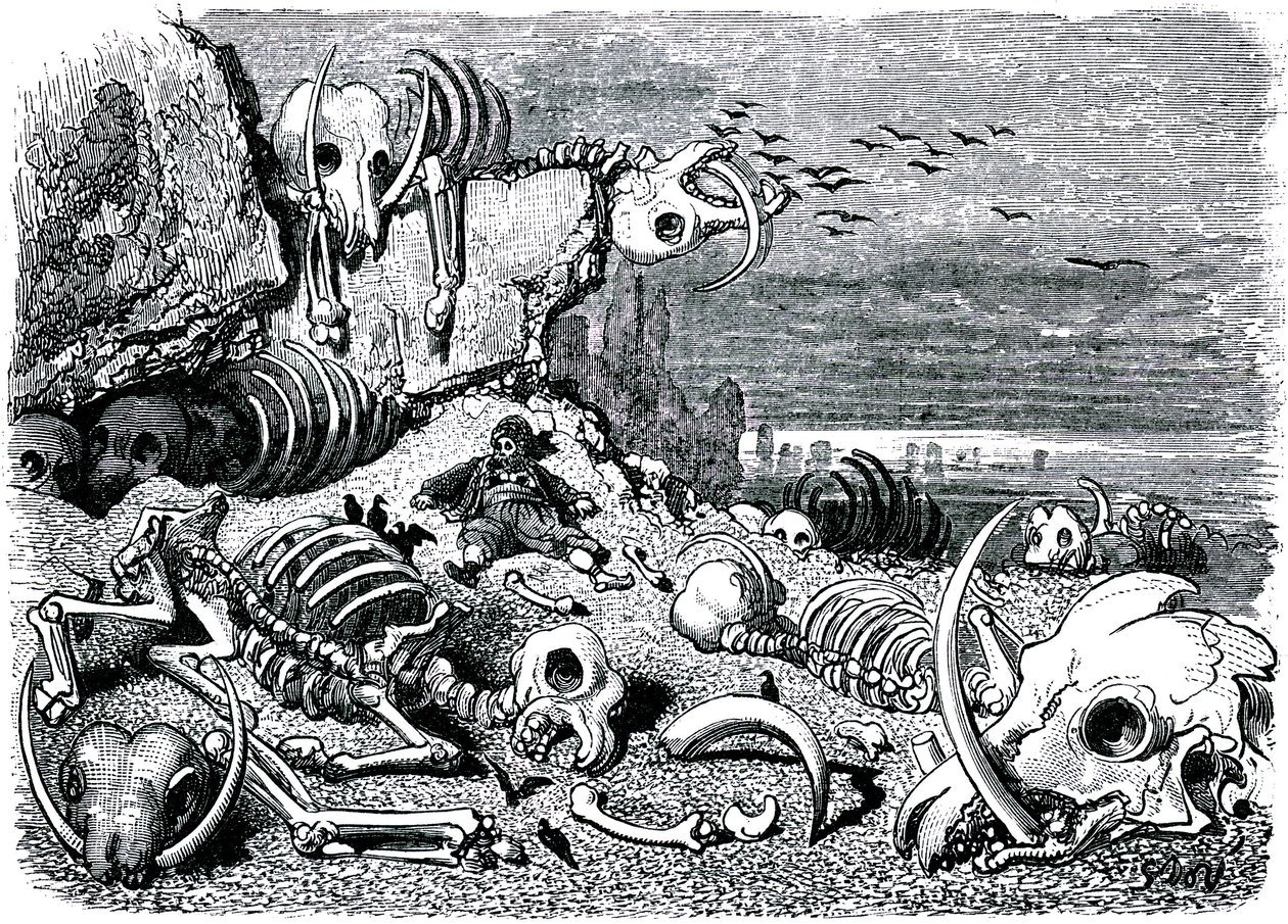 Sindbad der Seefahrer - Märchen aus Tausendundeiner Nacht - Illustration von Gustave Doré - Ausgabe Maxwell 1865 - Siebte und letzte Reise: der Elefantenfriedhof, wo Sindbad die Elfenbeinstoßzähne bergen wird von Gustave Dore