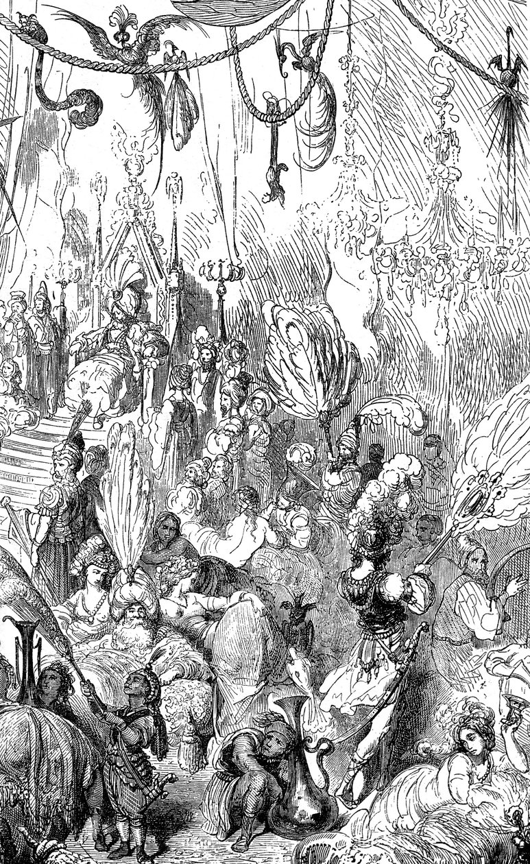 Sindbad der Seefahrer - Märchen aus Tausendundeiner Nacht - Illustration von Gustave Doré - Maxwell-Ausgabe 1865 - Sechste Reise - dieser Stich kann den Hof des Königs von Serendib oder den des Kalifen Harun al-Raschid darstellen von Gustave Dore