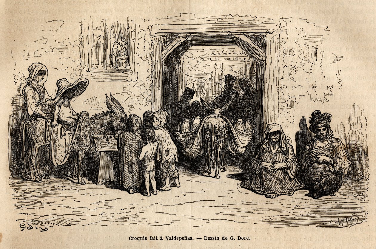 Skizze nach dem Leben: Bettler in Valpadenas (Kanal). Gravur zur Illustration der Reise nach Spanien von Gustave Doré (1832-1883) Illustrator und Baron Ch. Davillier Redakteur, 1862, veröffentlicht in „Le tour du monde, nouveau journal des voyages“, unter  von Gustave Dore
