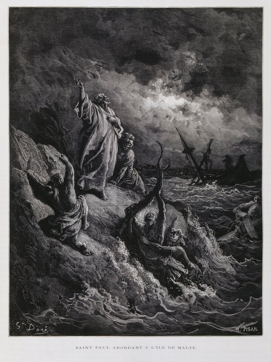 St. Paulus landet auf Malta, Illustration aus der Dore-Bibel von Gustave Dore