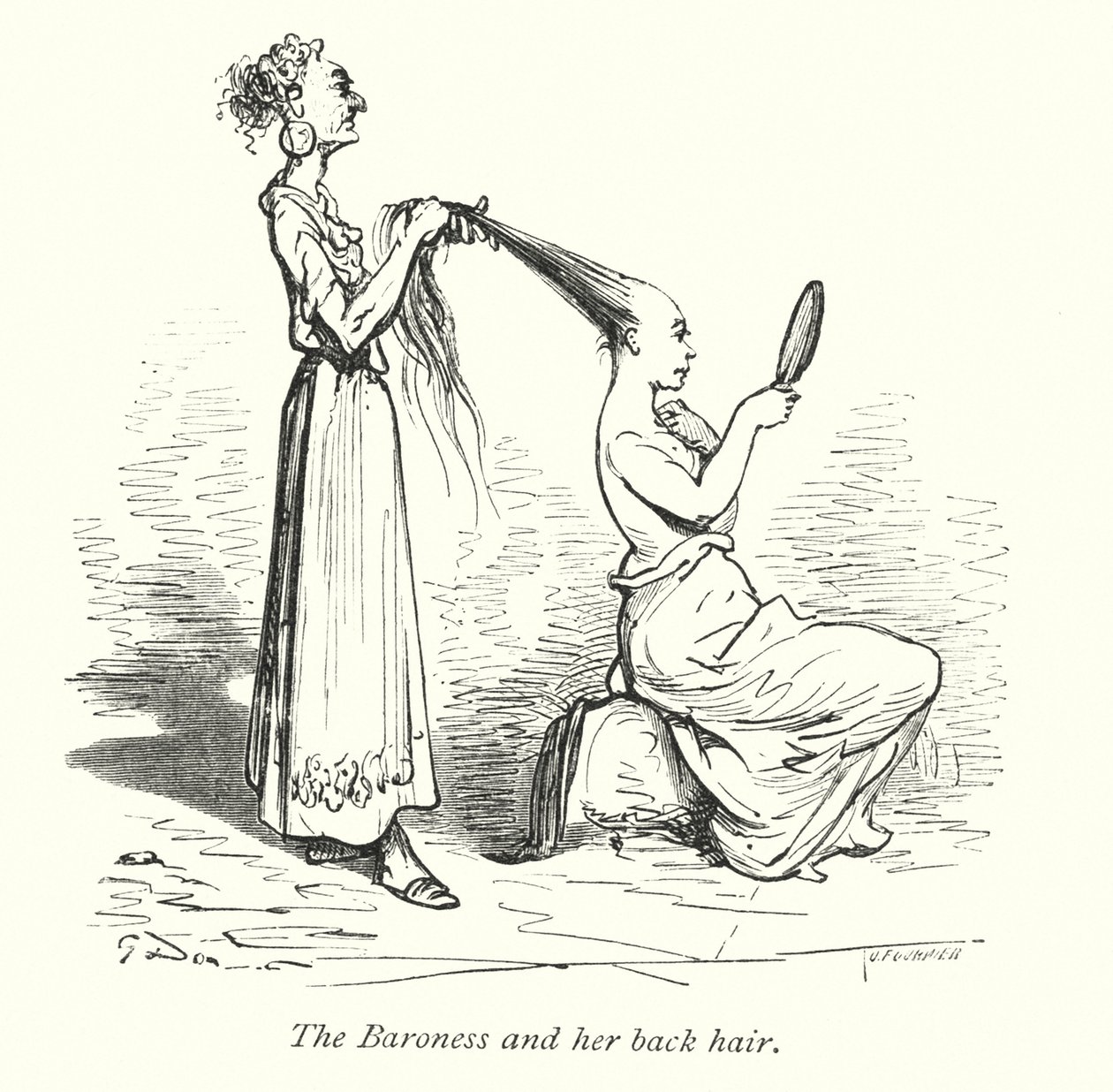 Die Baronin und ihr Rückenhaar (Gravur) von Gustave Dore