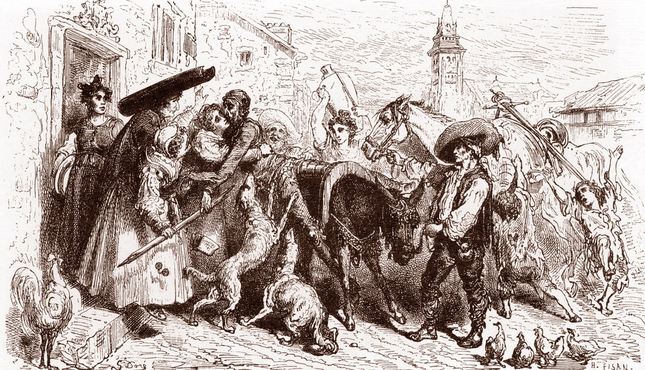 Der geschlagene Quijote kommt nach Hause, Gravur von Gustave Doré für 