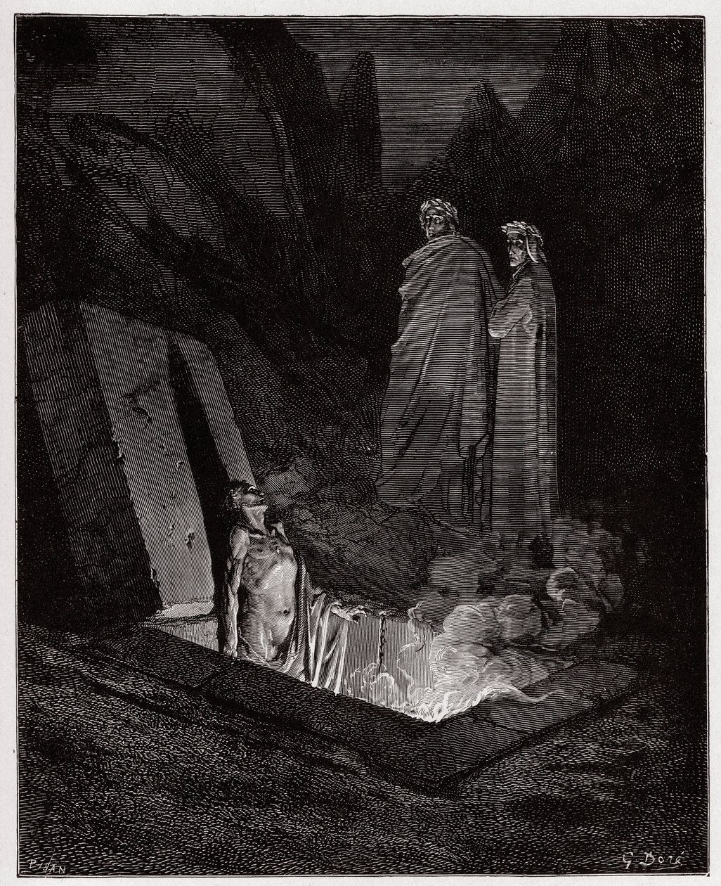 Die Göttliche Komödie (La Divina Commedia), Inferno, Gesang 10: Farinata degli Uberti spricht zu Dante - von Dante Alighieri (1265-1321) - Illustration von Gustave Doré (1832-1883) von Gustave Dore
