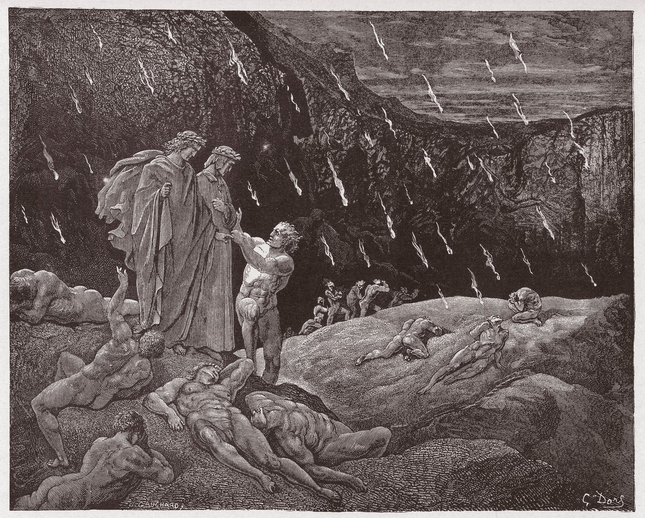 Die Göttliche Komödie, Inferno, Gesang 15: Brunetto Latini spricht Dante an (Illustration von Gustave Doré) von Gustave Dore