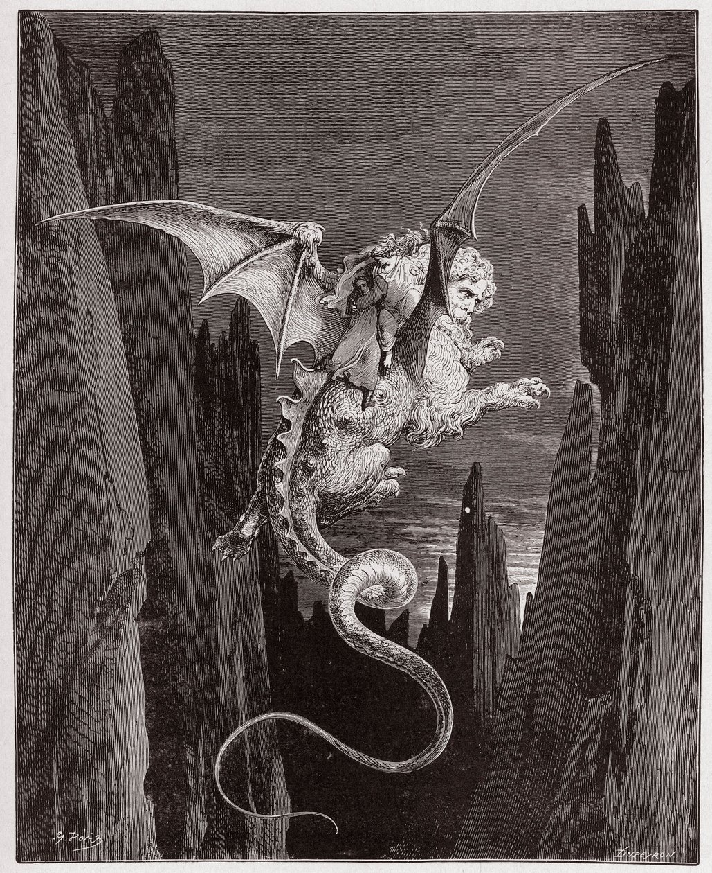 Die Göttliche Komödie (La Divina Commedia, La Divine Comedie), Inferno, Gesang 17: Der Abstieg in den Abgrund auf Geryons Rücken - von Dante Alighieri (1265-1321) - Illustration von Gustave Dore (1832-1883) von Gustave Dore