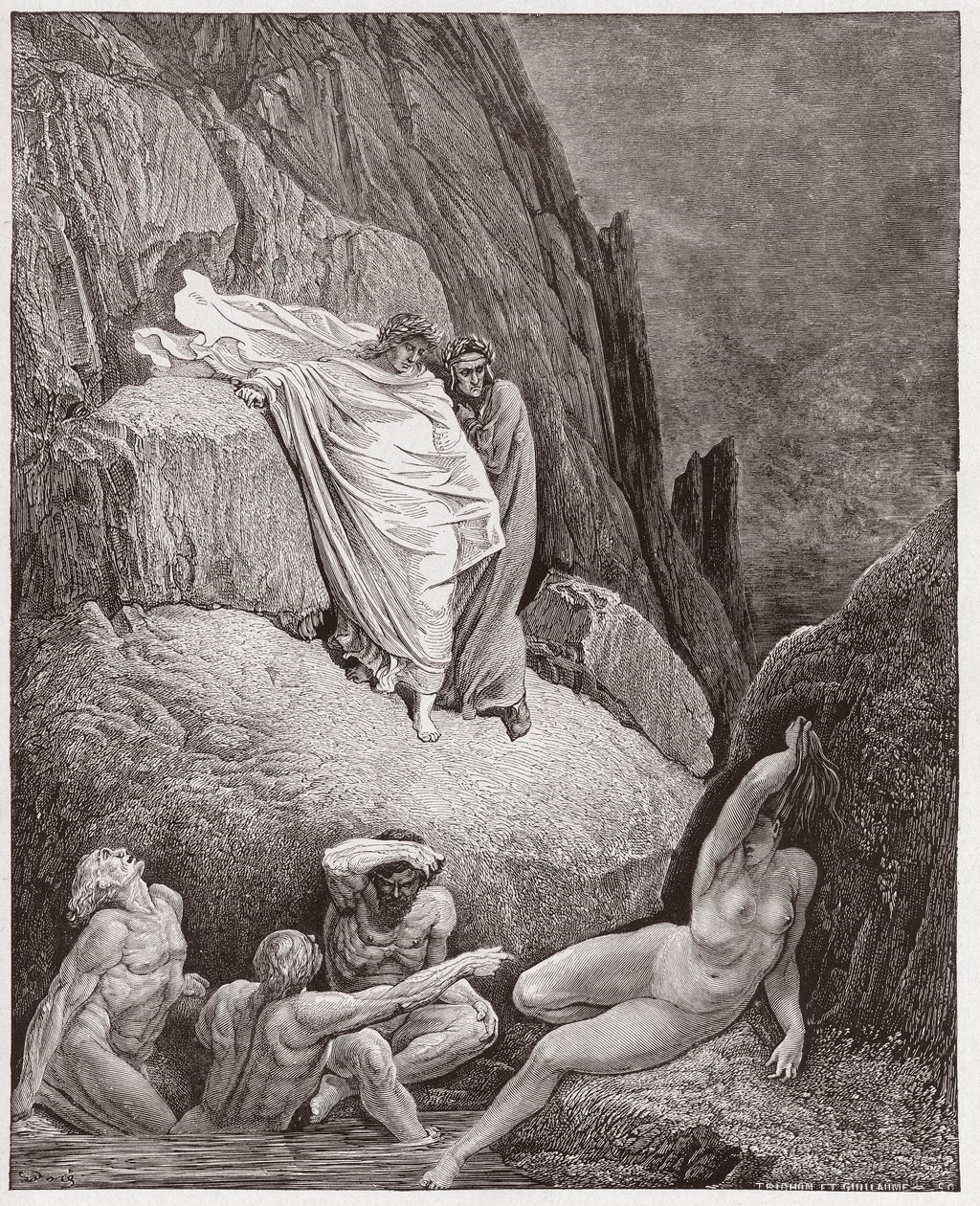 Die Göttliche Komödie, Inferno, Gesang 18: Virgil zeigt Dante den Schatten von Thais (Illustration von Gustave Doré) von Gustave Dore