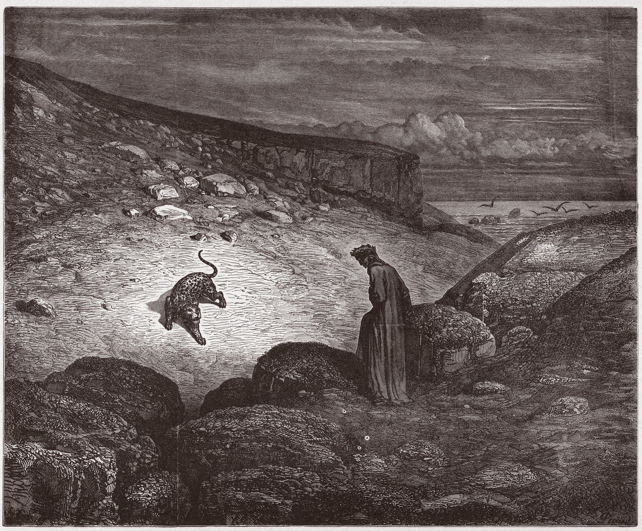 Die Göttliche Komödie (La Divina Commedia), Inferno, Gesang 1: Der Panther am Anfang des Aufstiegs - von Dante Alighieri (1265-1321) - Illustration von Gustave Doré (1832-1883) von Gustave Dore