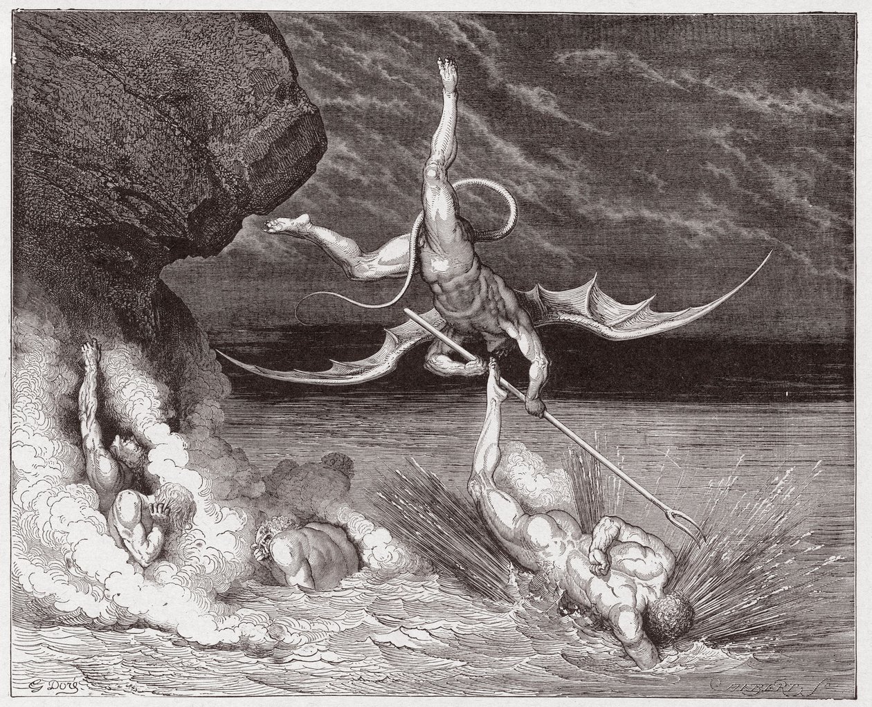 Die Göttliche Komödie, Inferno, Gesang 22: Ciampolo entkommt dem Dämon Alichino in der fünften Bolgia - von Dante Alighieri (1265-1321) - Illustration von Gustave Doré (1832-1883) von Gustave Dore