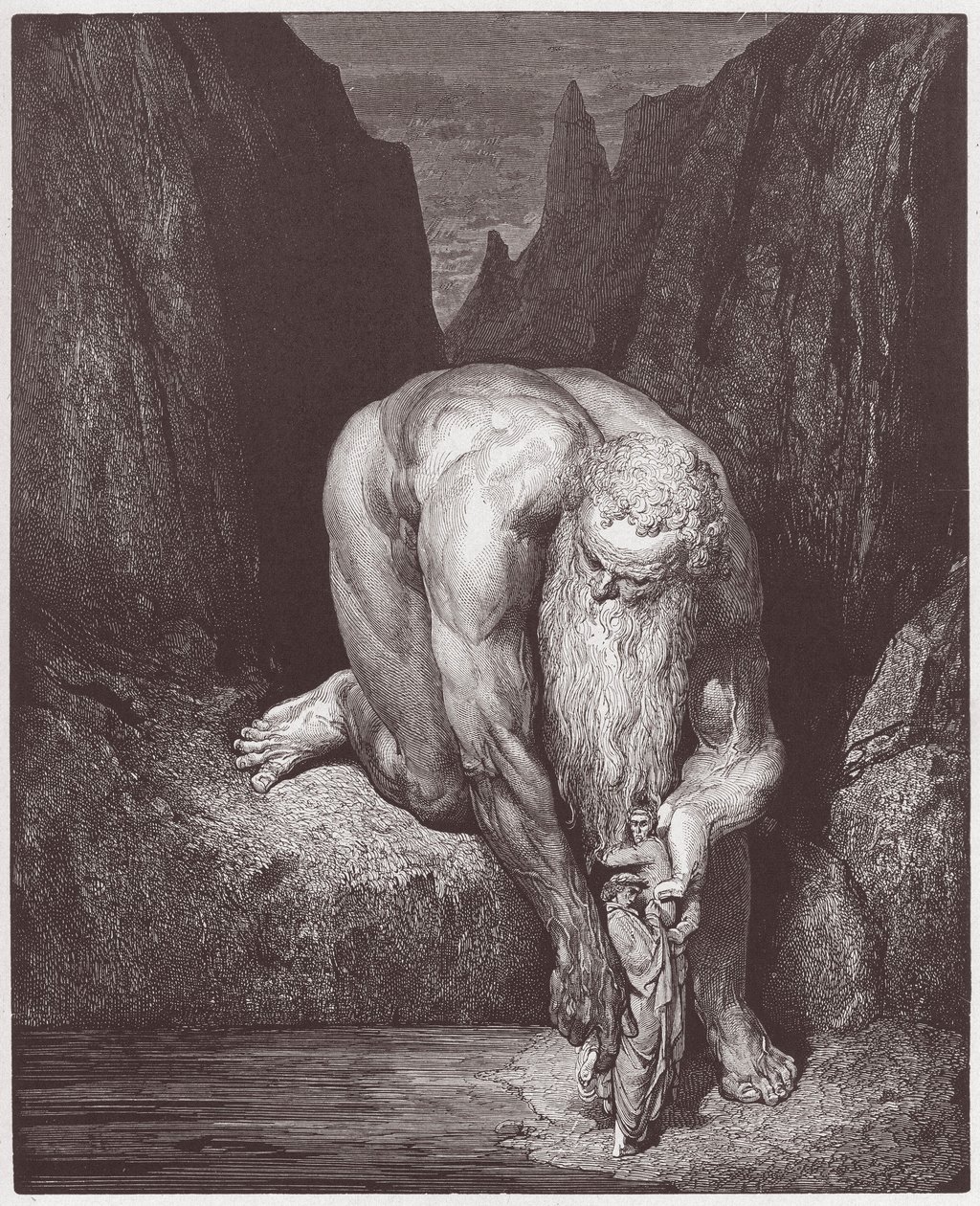 Die Göttliche Komödie, Inferno, Gesang 31: Der Riese Antäus senkt Dante und Virgil in den letzten Kreis (Illustration von Gustave Doré) von Gustave Dore