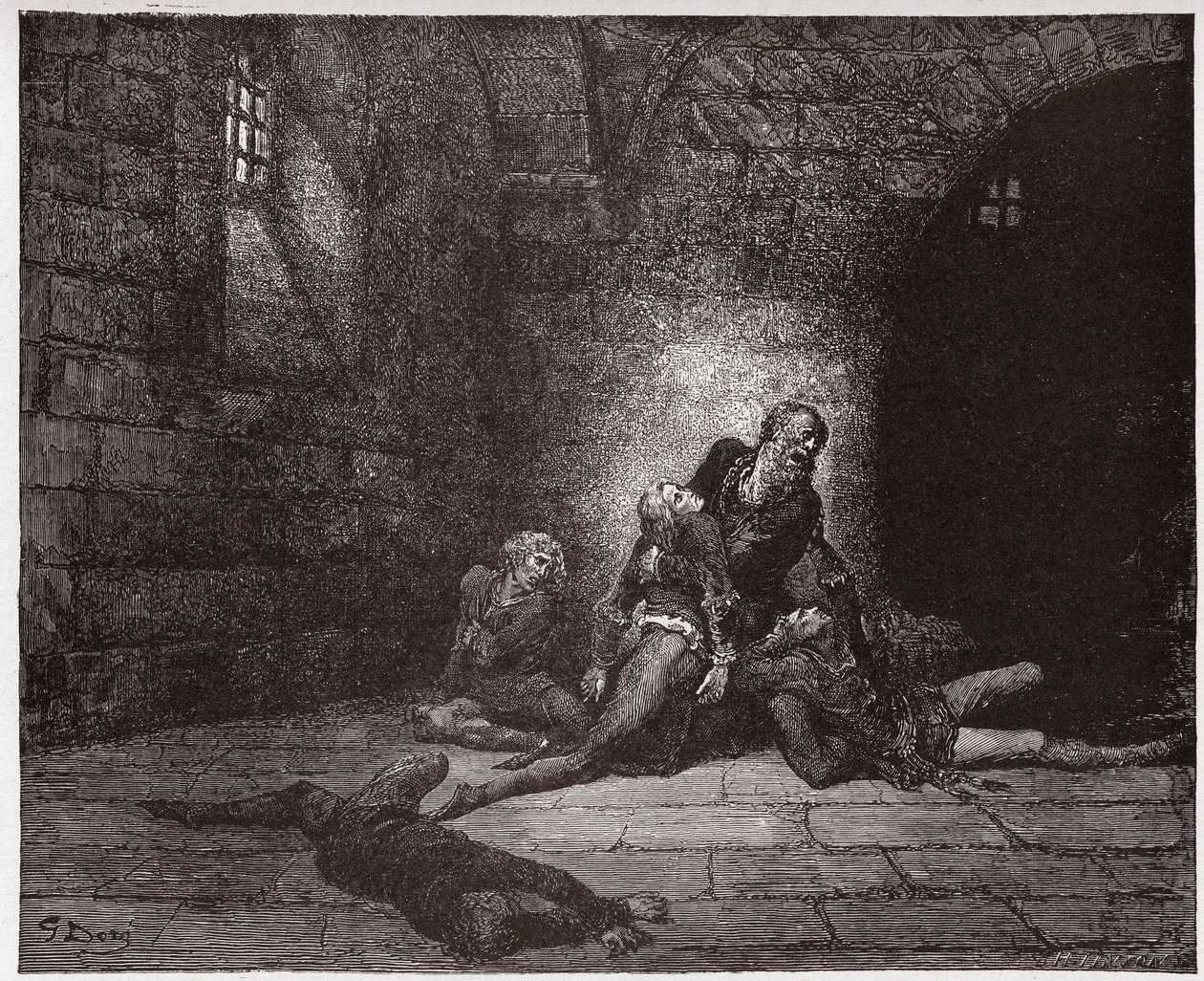 Die Göttliche Komödie, Inferno, Gesang 33: Gaddo stirbt vor den Augen seines Vaters (Illustration von Gustave Doré) von Gustave Dore