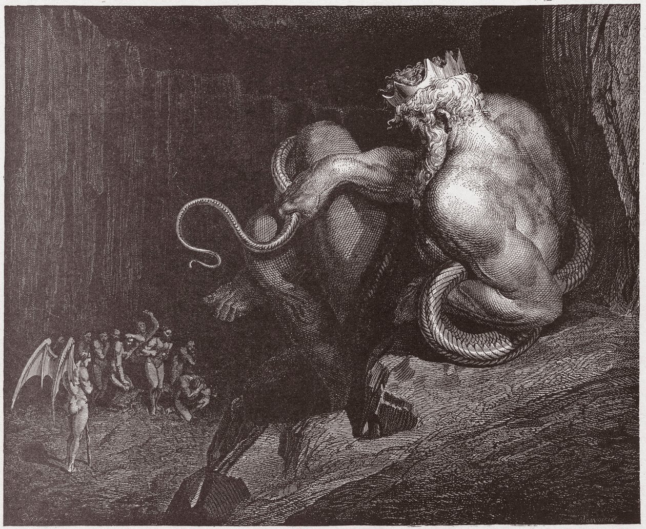 Die Göttliche Komödie, Inferno, Gesang 5: Minos richtet über die Vergehen und schickt die Seelen - von Dante Alighieri (1265-1321) - Illustration von Gustave Doré (1832-1883) von Gustave Dore