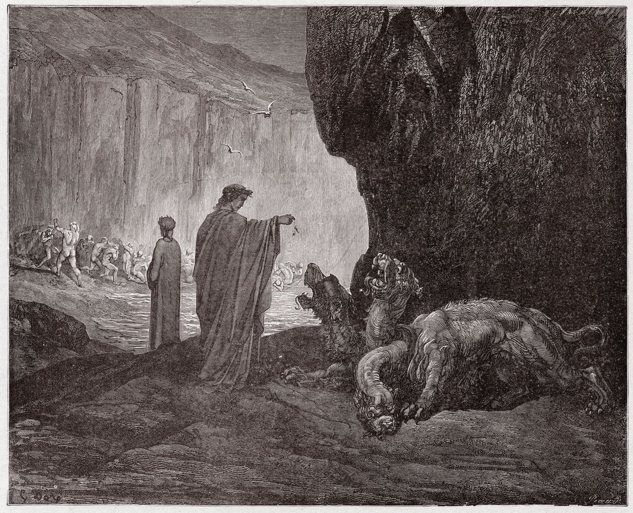 Die Göttliche Komödie, Inferno, Gesang 6: Virgil füttert Cerberus im dritten Kreis (Illustration von Gustave Doré) von Gustave Dore