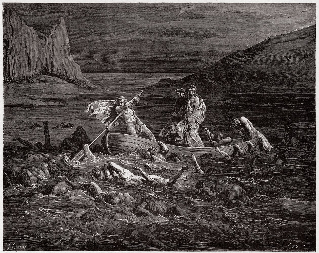 Die Göttliche Komödie, Inferno, Gesang 8: Phlegyas setzt Dante und Virgil über den Styx (Illustration von Gustave Doré) von Gustave Dore
