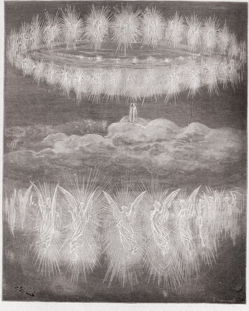 Die Göttliche Komödie (La Divina Commedia), Paradiso, Gesang 12: Die Ringe der verherrlichten Seelen in der Sonne - von Dante Alighieri - Illustration von Gustave Dore von Gustave Dore