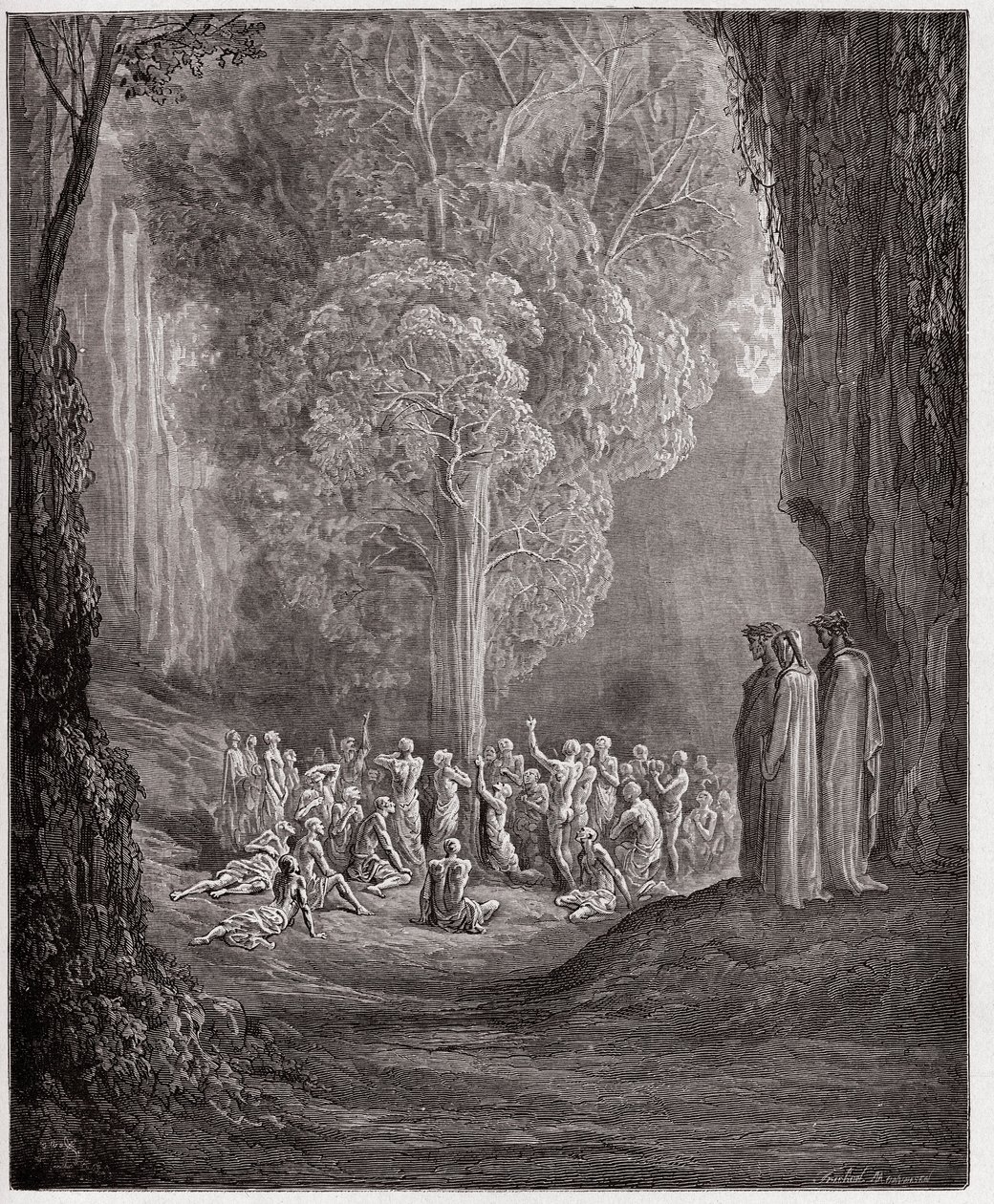 Die Göttliche Komödie (La Divina Commedia), Purgatorio, Gesang 24: Die gefräßigen Seelen weinen unter dem Baum - von Dante Alighieri - Illustration von Gustave Dore von Gustave Dore