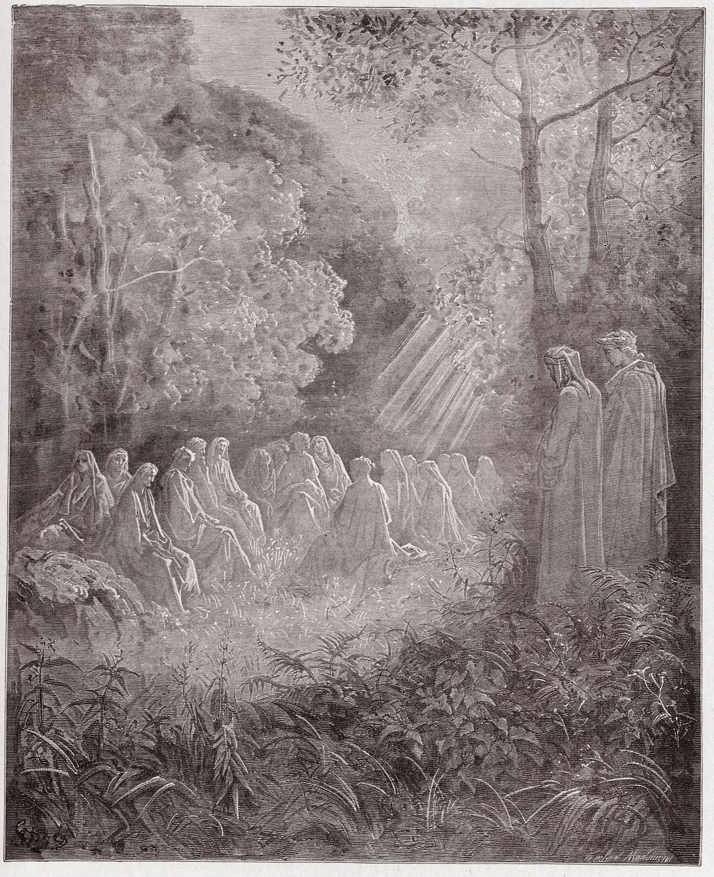 Die Göttliche Komödie, Purgatorio, Gesang 7: Die Geister singen Salve Regina im Tal (Illustration von Gustave Doré) von Gustave Dore