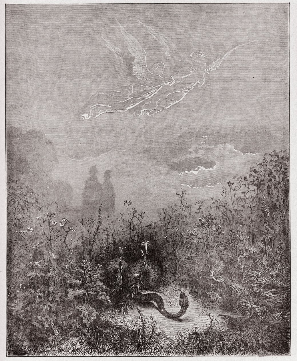 Die Göttliche Komödie, Purgatorio, Gesang 8: Die Engel vertreiben die Schlange - von Dante Alighieri (1265-1321) - Illustration von Gustave Doré (1832-1883) von Gustave Dore