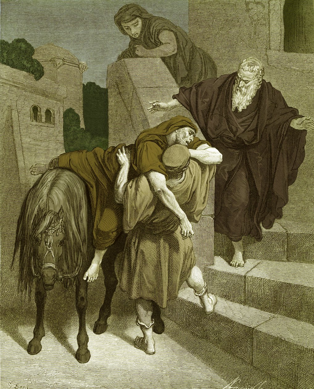 Der barmherzige Samariter im Gasthaus, von Doré - Bibel von Gustave Dore