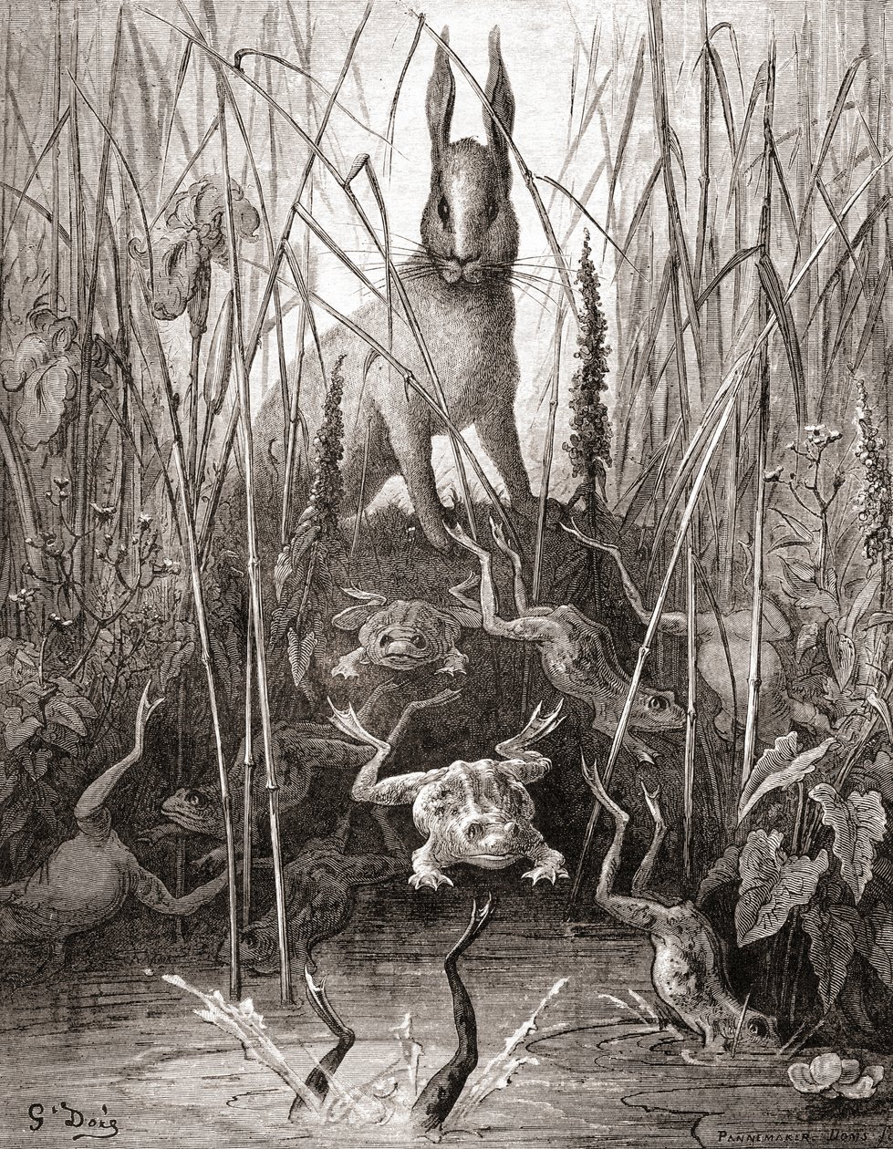 Der Hase und die Frösche, aus einer späten 19. Jahrhundert Ausgabe von Fables de La Fontaine von Gustave Dore