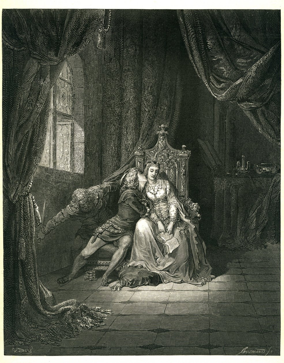 Die Hölle von Dante Alighieri (Die Göttliche Komödie) illustriert von Gustave Doré. Französische Ausgabe von 1861. Francesca da Rimini und ihr Liebhaber: „Quel giorno più non vi leggemo avante.“ (An diesem Tag lasen wir nicht weiter), Gesang 5, Vers 138 von Gustave Dore