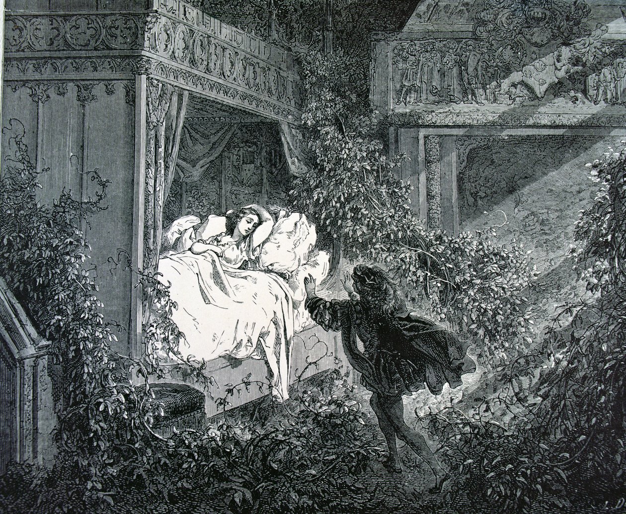 Der Prinz betritt das Schlafzimmer der Prinzessin im verzauberten Schloss, Illustration für 