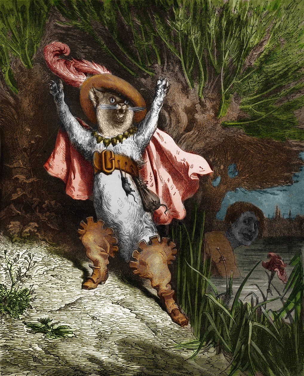 Der gestiefelte Kater ruft um Hilfe. Gravur von Gustave Doré (1832-1883) aus „Die Märchen“ von Charles Perrault (1628-1703) von Gustave Dore