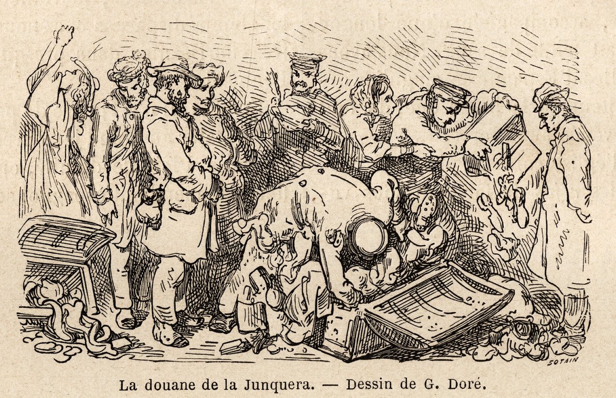 Die Bräuche der Junquera, Zeichnung von Gustave Doré, zur Illustration seiner Reise nach Spanien mit C. Davillier, 1862. Gravur in „Le tour du monde“, herausgegeben von Edouard Charton von Gustave Dore