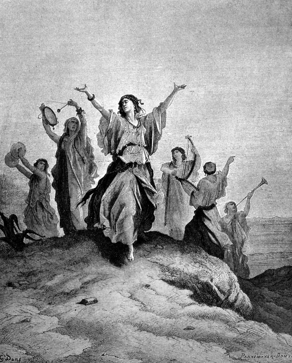 Die Tochter von Jephthah, dem Richter Israels, ging ihrem Vater entgegen. Illustration von Gustave Doré. Gravur des 19. Jahrhunderts von Gustave Dore