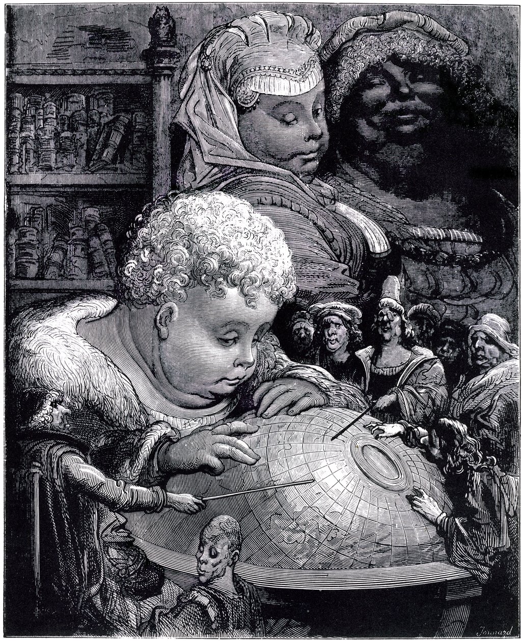 Die Erziehung des Gargantua: der Riese, Kind, studiert mit seinen Lehrern einen Globus, unter den Augen seiner Eltern von Gustave Dore