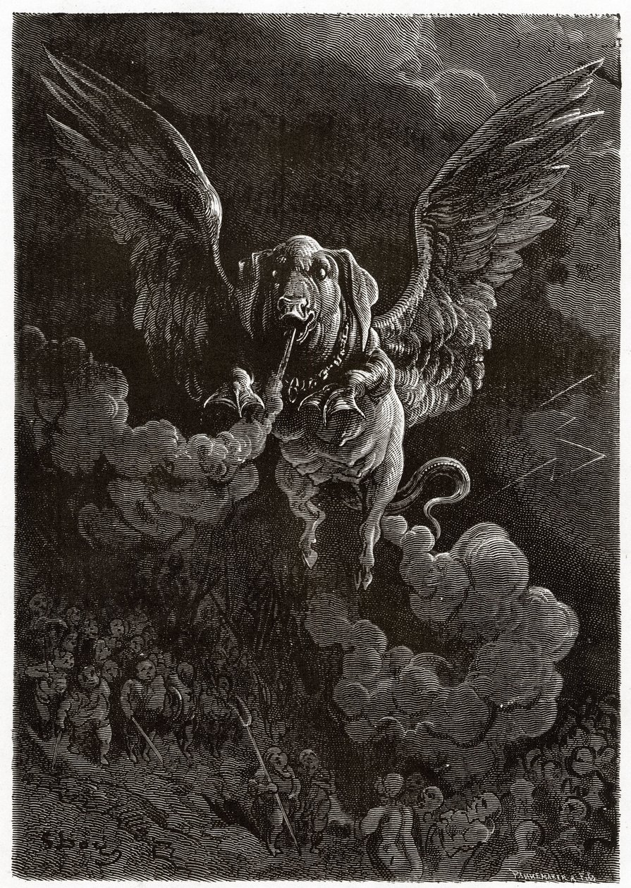 Das fliegende Schwein hinterlässt eine Gaswolke durch seine Blähungen von Gustave Dore