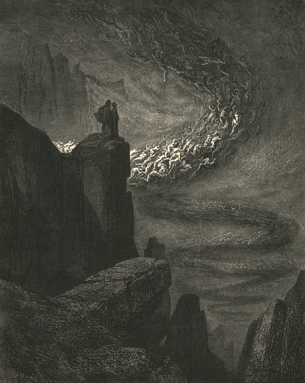 Der stürmische Hauch der Hölle treibt die Geister mit rastloser Wut voran, ca. 1890 von Gustave Dore