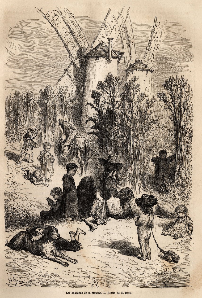 Die Disteln des Kanals, am Fuße der Mühlen, die Don Quijote lieb sind, mit der Darstellung eines Windhundes, einer in der Region sehr häufigen Hunderasse (die Figur des immer hungrigen Galgo corredor in Don Quijote) und einer Menge bettelnder Kinder, wahre von Gustave Dore