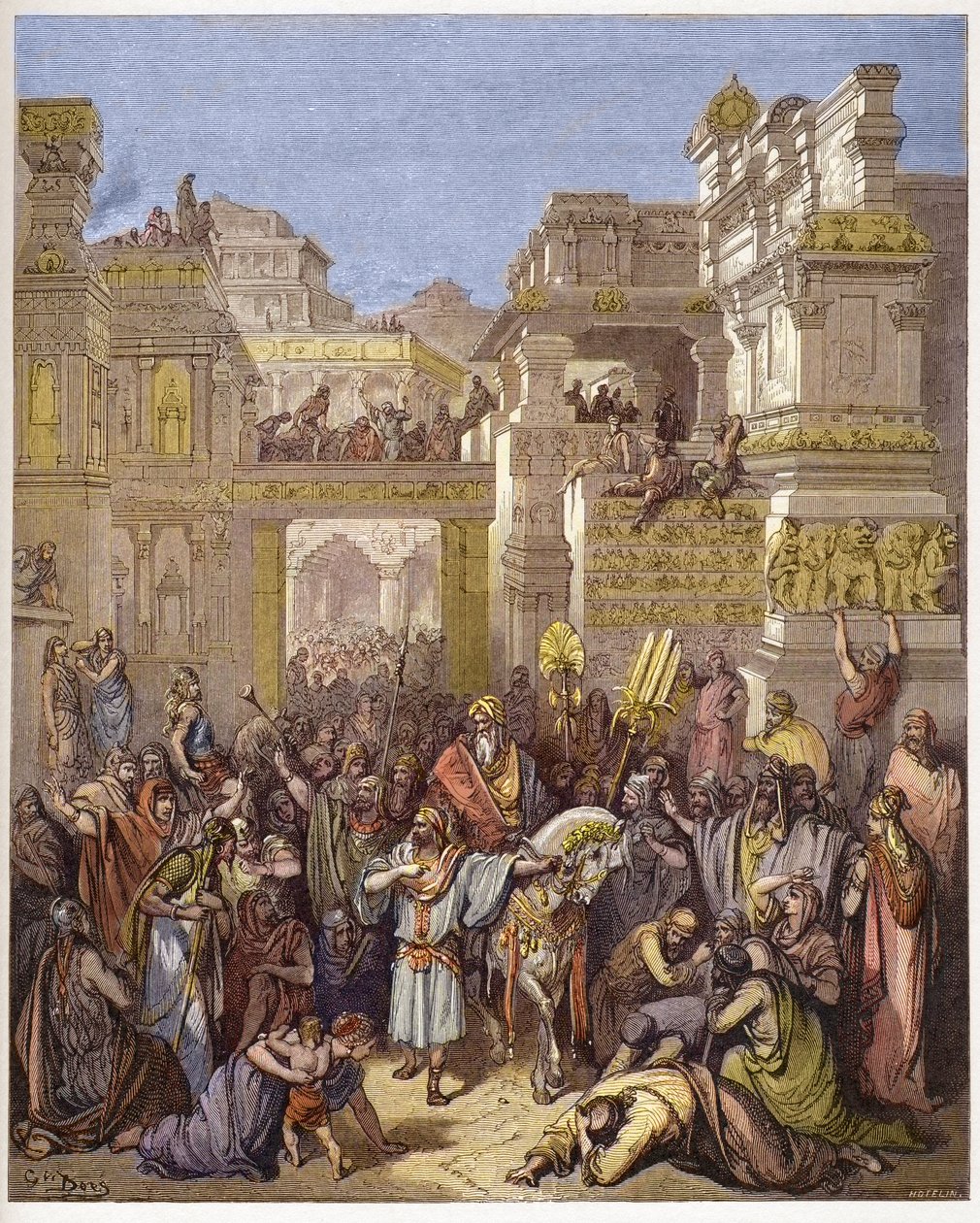 Der Triumph von Mardochee (oder Mordechai oder Mordecai) - Triumph von Mordecai - Gravur in „The Bible illustree“ von Gustave Doré (1832-1883) - Gravur aus „The Doré Bible“ von Gustave Dore