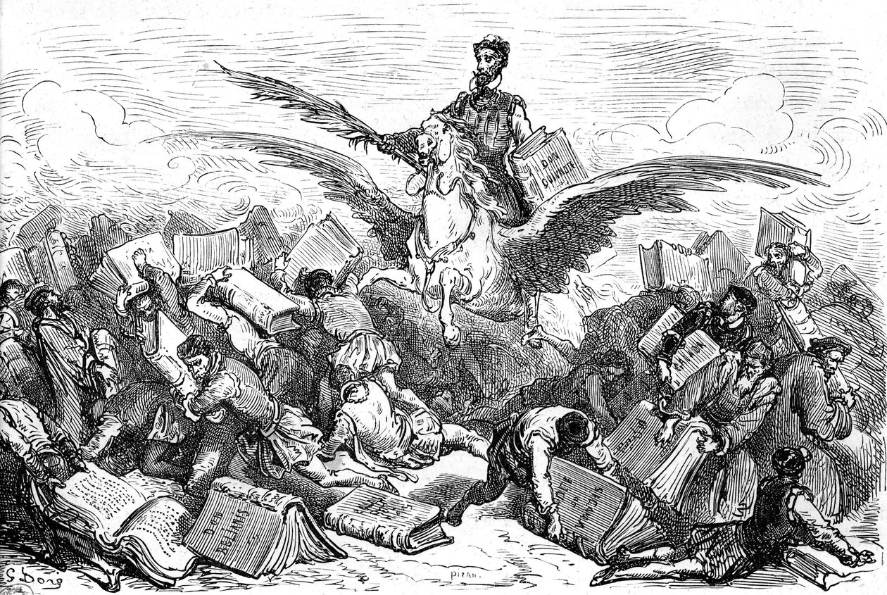 Der Schriftsteller Cervantes reitet auf einem geflügelten Pferd (Pegasus), sein Buch „Don Quijote“ und eine Feder in der Hand, fliegend über andere Schriftsteller, die (schwer!) ihre Bücher tragen. Gravur von Gustave Doré zur Illustration der Hachette-Ausg von Gustave Dore