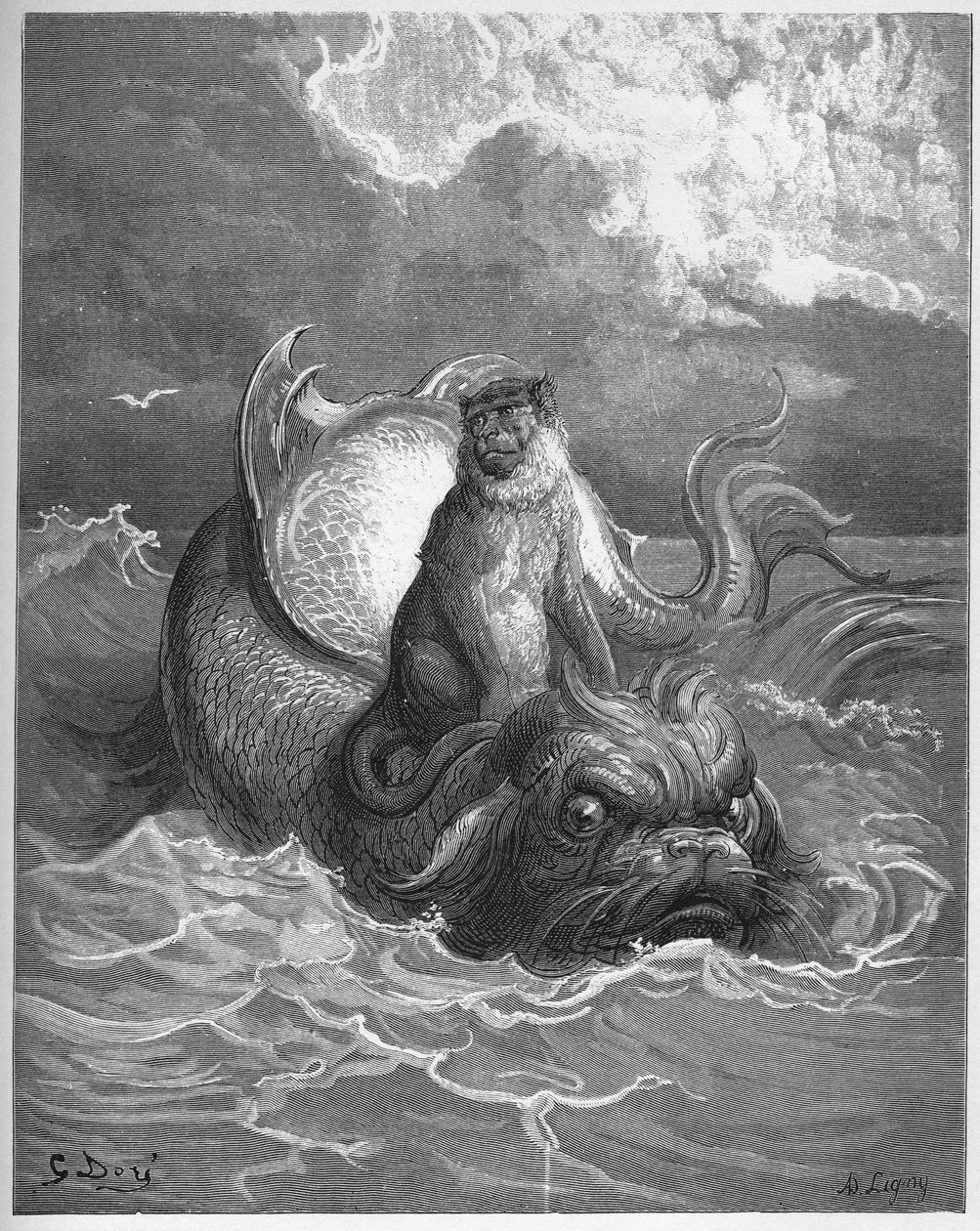 Affen und Delfin - aus "Fabeln" von Jean de La Fontaine von Gustave Dore