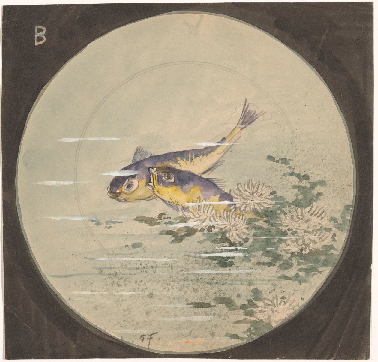 Entwurf für einen Teller mit zwei blau-gelben Fischen bei Seerosen von Gustave Fraipont (signed by artist)