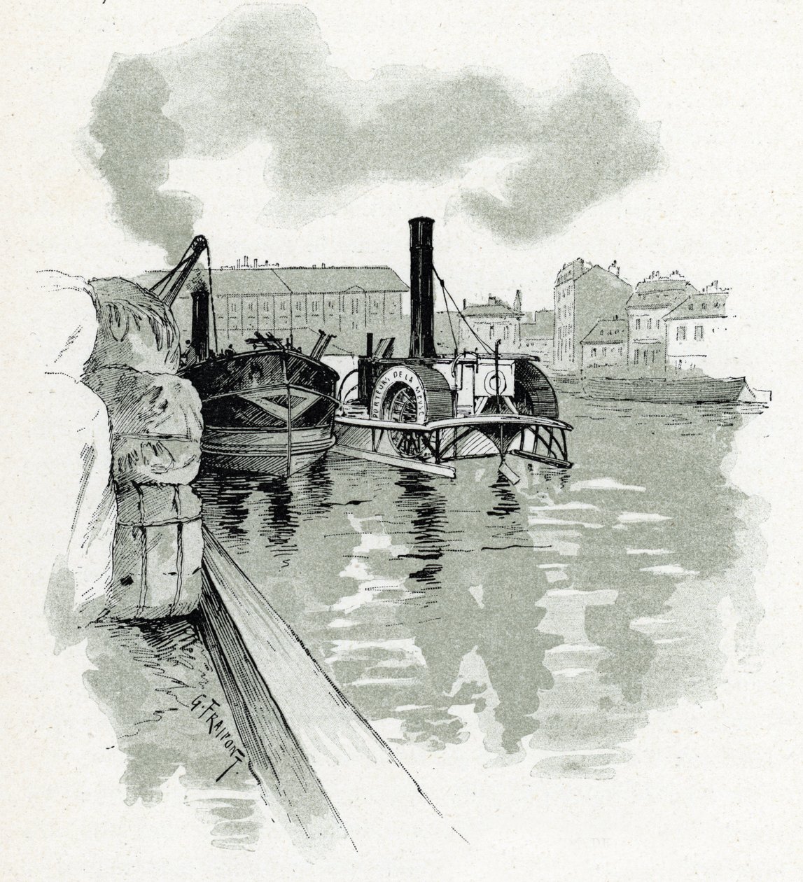 Boote im Hafen von La Villette, Paris Zeichnung von Gustave Fraipont (1849-1923) aus „La Seine à travers Paris“ von Saint-Juirs von Gustave Fraipont