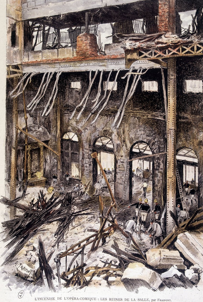 Feuerwehrleute arbeiten in den Ruinen des Opernhauses von Paris nach dem Brand, von Fraipont von Gustave Fraipont