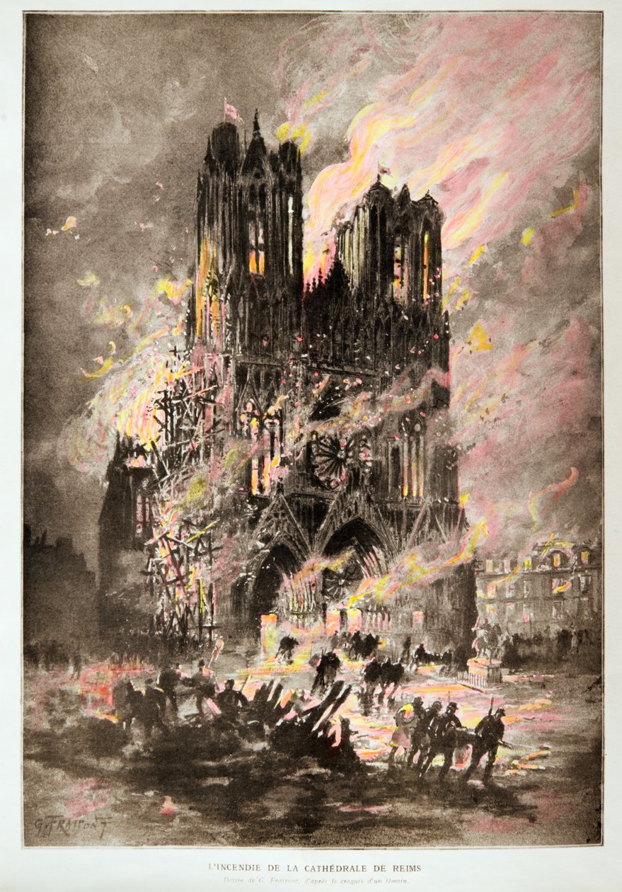 Die Kathedrale von Reims in Flammen von Gustave Fraipont