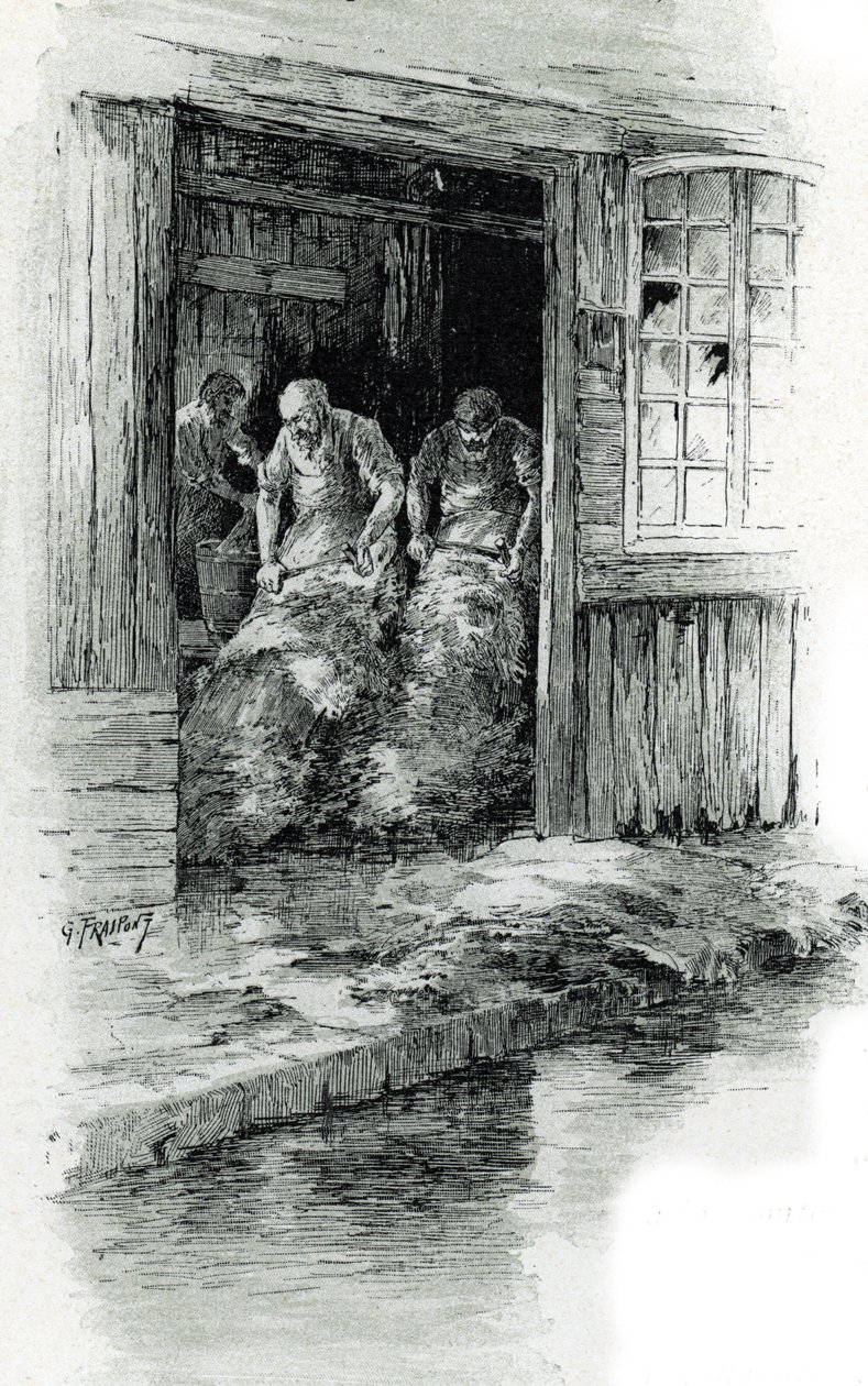 Gerber in der Rue des Gobelins in Paris Zeichnung von Gustave Fraipont (1849-1923) aus „La Seine à travers Paris“ von Saint-Juirs von Gustave Fraipont