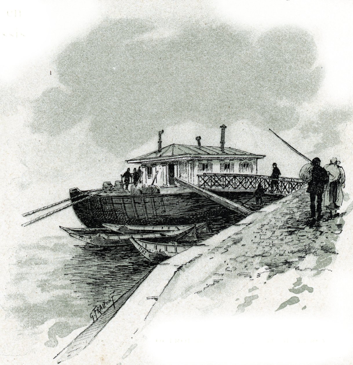 Blick auf das Boot, wo Händler die Seine-Abgabe zahlten, um Waren zu importieren, Quai de Bercy, Paris von Gustave Fraipont