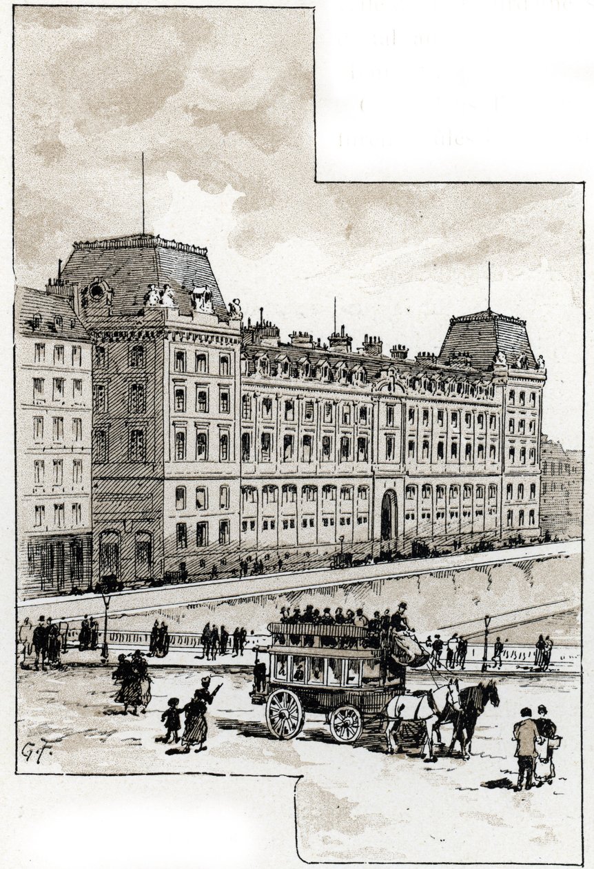 Ansicht des Polizeipräsidiums am Quai des Orfèvres, Paris. Zeichnung von Gustave Fraipont (1849-1923) aus Saint-Juirs von Gustave Fraipont