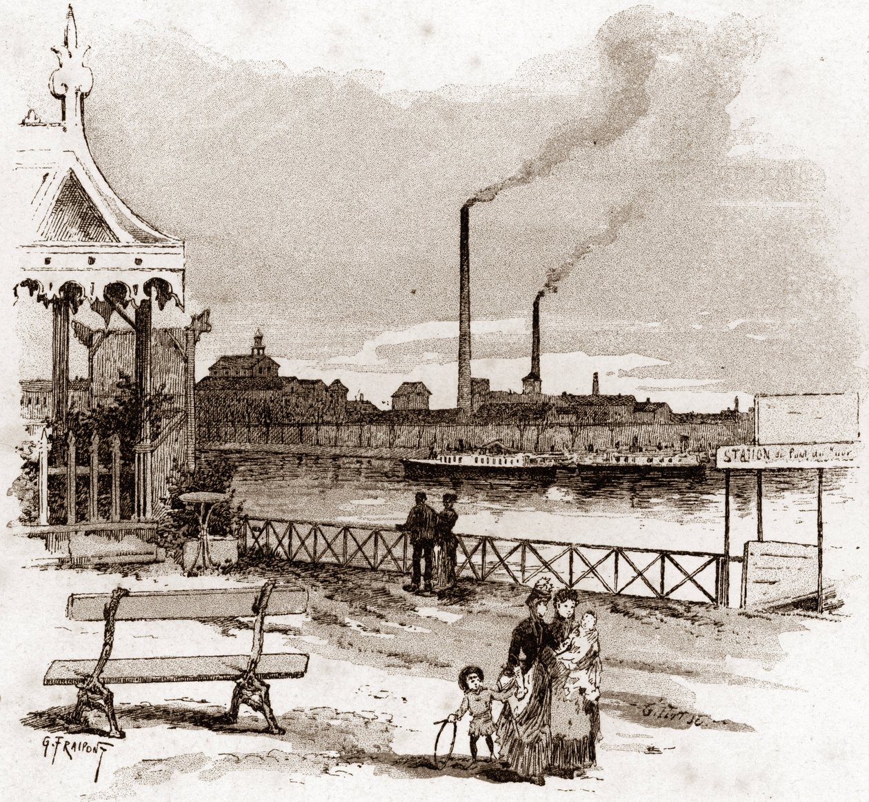 Ansicht des Quai de Javel in Paris, aktueller Quai André-Citroen Zeichnung von Gustave Fraipont (1849-1923) aus „La Seine à travers Paris“ von Saint-Juirs von Gustave Fraipont