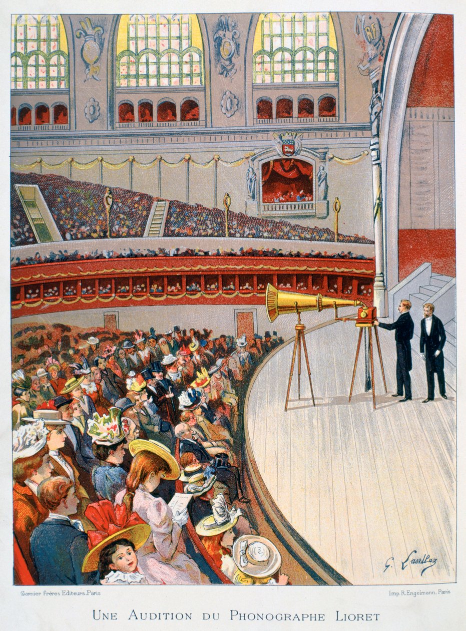 Phonographen- oder Grammophonausstellung, 19. Jahrhundert von Gustave Francois Lasellaz