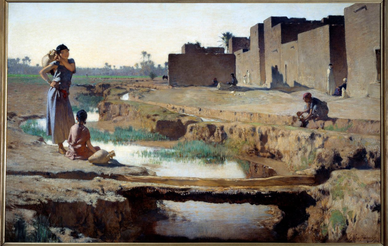 Orientalismus: Frau und Kind holen Wasser am Fluss in einer Oase in der algerischen Wüste von Gustave Guillaumet