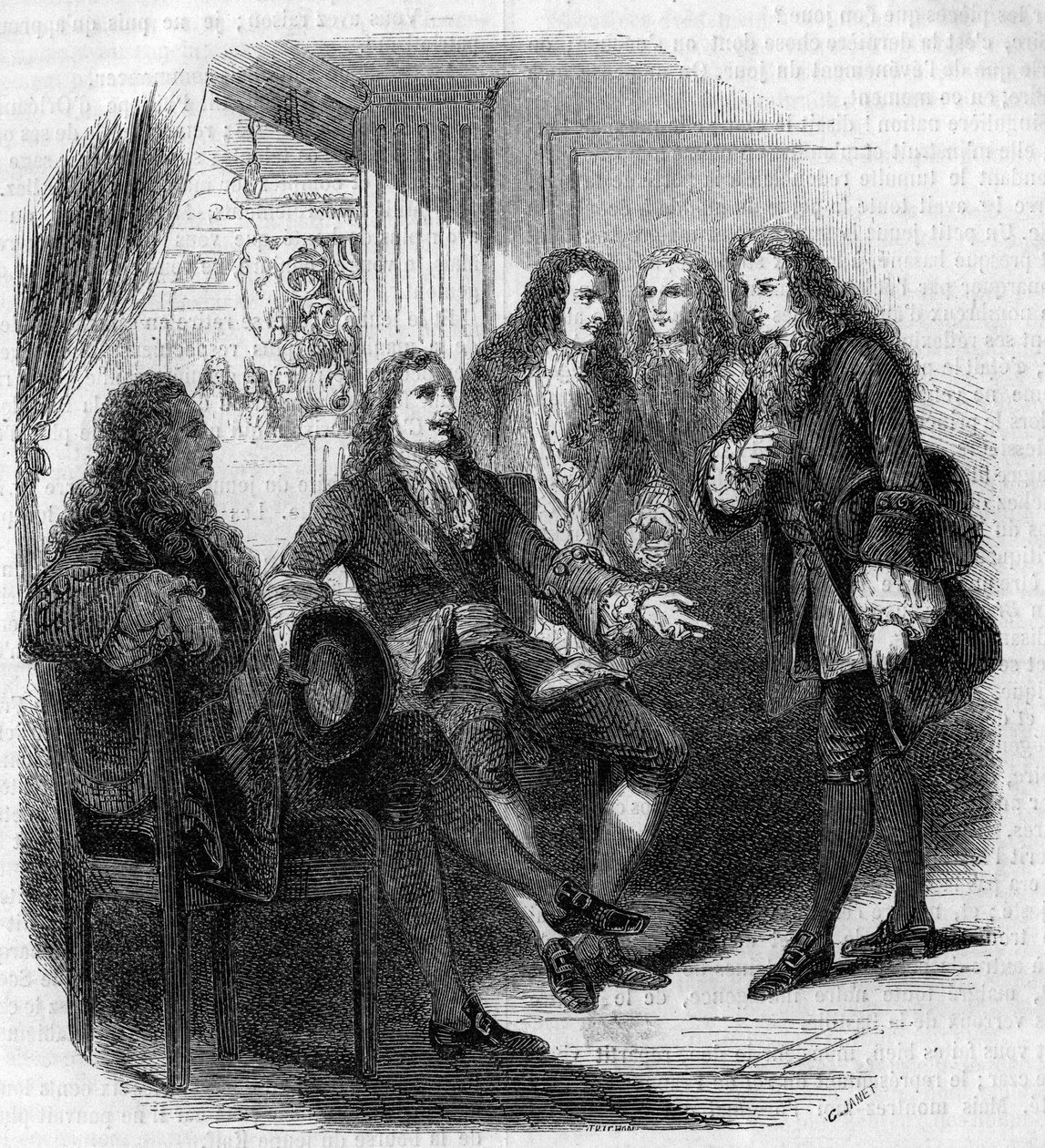 Das Treffen zwischen dem russischen Zaren Peter dem Großen (1672-1725) und Voltaire (François Marie Arouet, genannt) (1694-1778). Gravur von Gustave Janet von Gustave Janet